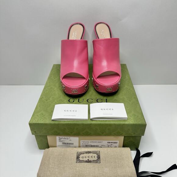 Gucci Janaya Studded GG 39.5/US 9 Platform Sandals Rhodamine Pink Spool Heel NIB - Picture 2 of 11